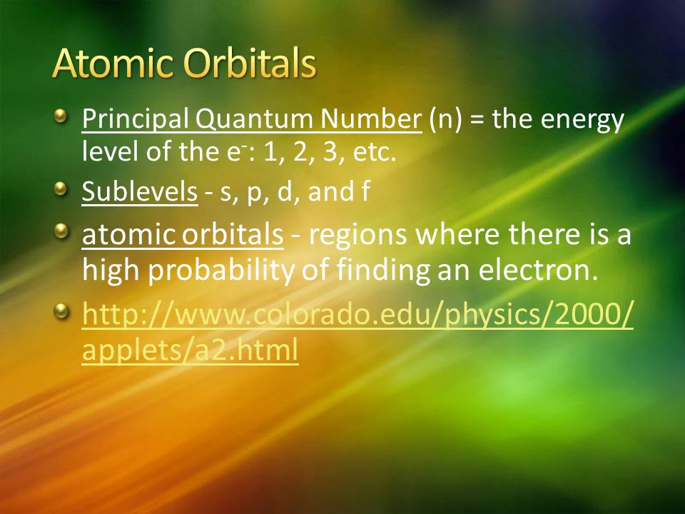 Principal Quantum Number (n) = the energy level of the e - : 1, 2, 3, etc.