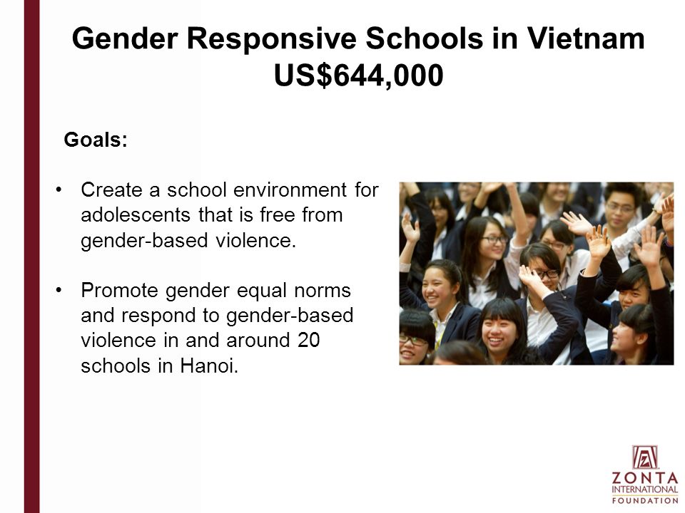 Gender Responsive Schools in Vietnam US$644,000 Goals: Create a school environment for adolescents that is free from gender-based violence.