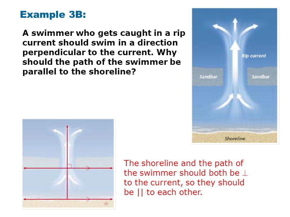 Example 3B: A swimmer who gets caught in a rip current should swim in a direction perpendicular to the current.