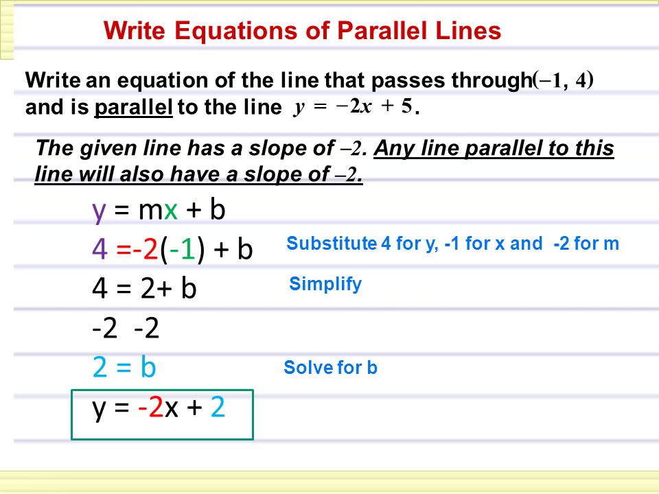 Write Equations of Parallel Lines – The given line has a slope of 2.