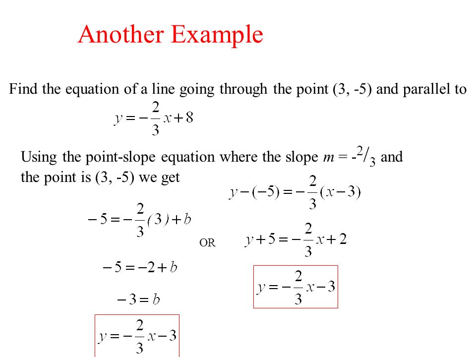 Another Example Find the equation of a line going through the point (3, -5) and parallel to Using the point-slope equation where the slope m = - 2 / 3 and the point is (3, -5) we get OR
