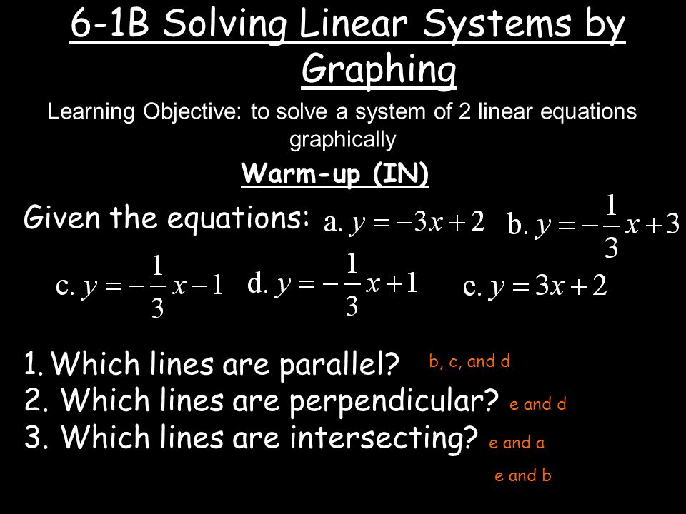 6-1B Solving Linear Systems by Graphing Warm-up (IN) Learning Objective: to solve a system of 2 linear equations graphically Given the equations: 1.Which lines are parallel.