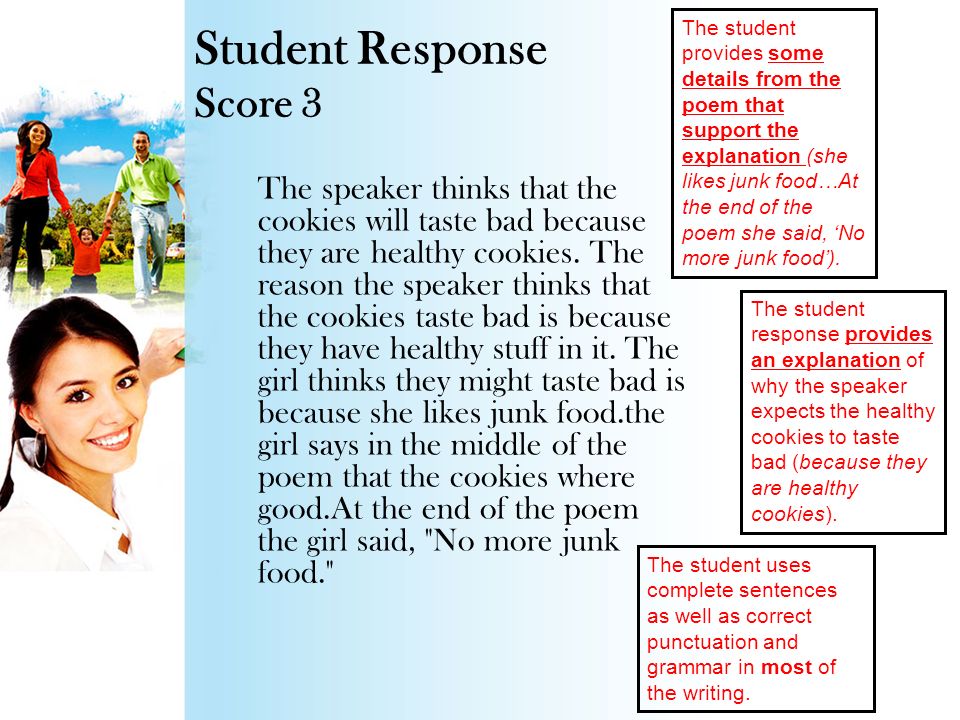 Student Response Score 3 The speaker thinks that the cookies will taste bad because they are healthy cookies.