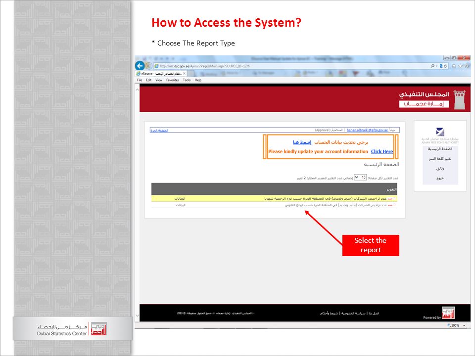Select the report * Choose The Report Type How to Access the System