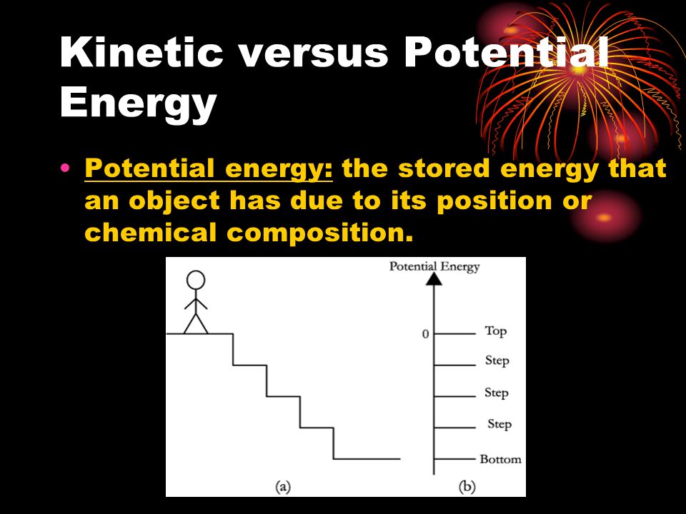 Kinetic versus Potential Energy Potential energy: the stored energy that an object has due to its position or chemical composition.
