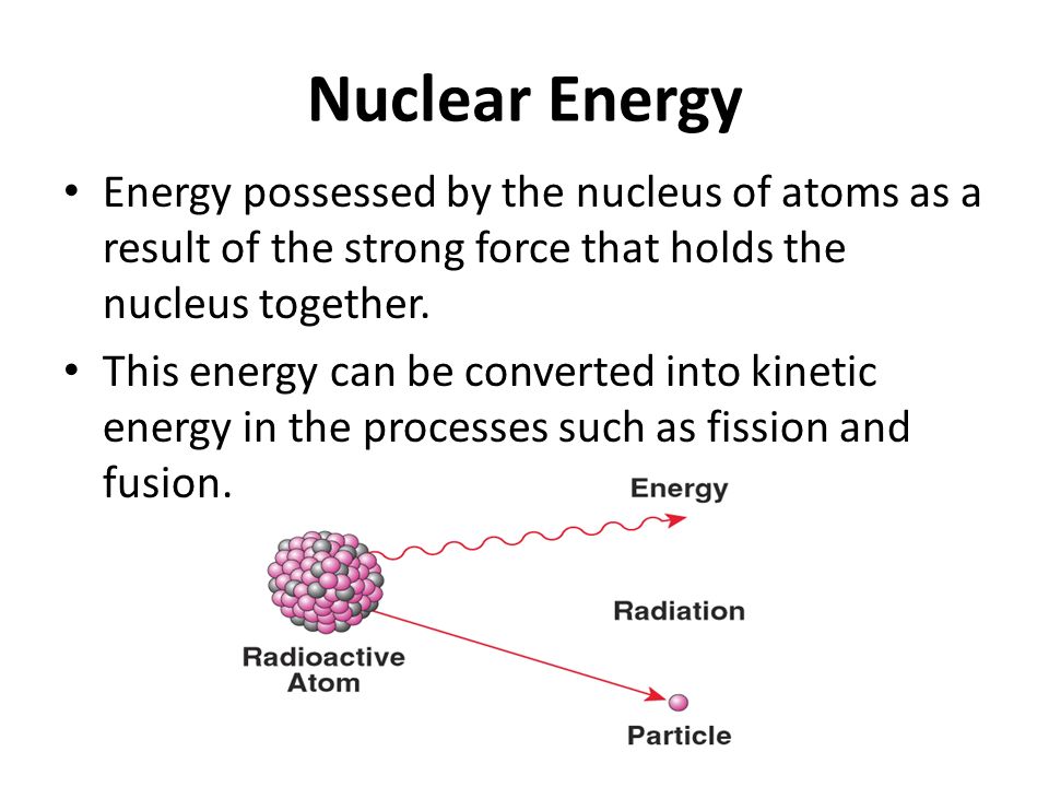 Nuclear Energy Energy possessed by the nucleus of atoms as a result of the strong force that holds the nucleus together.