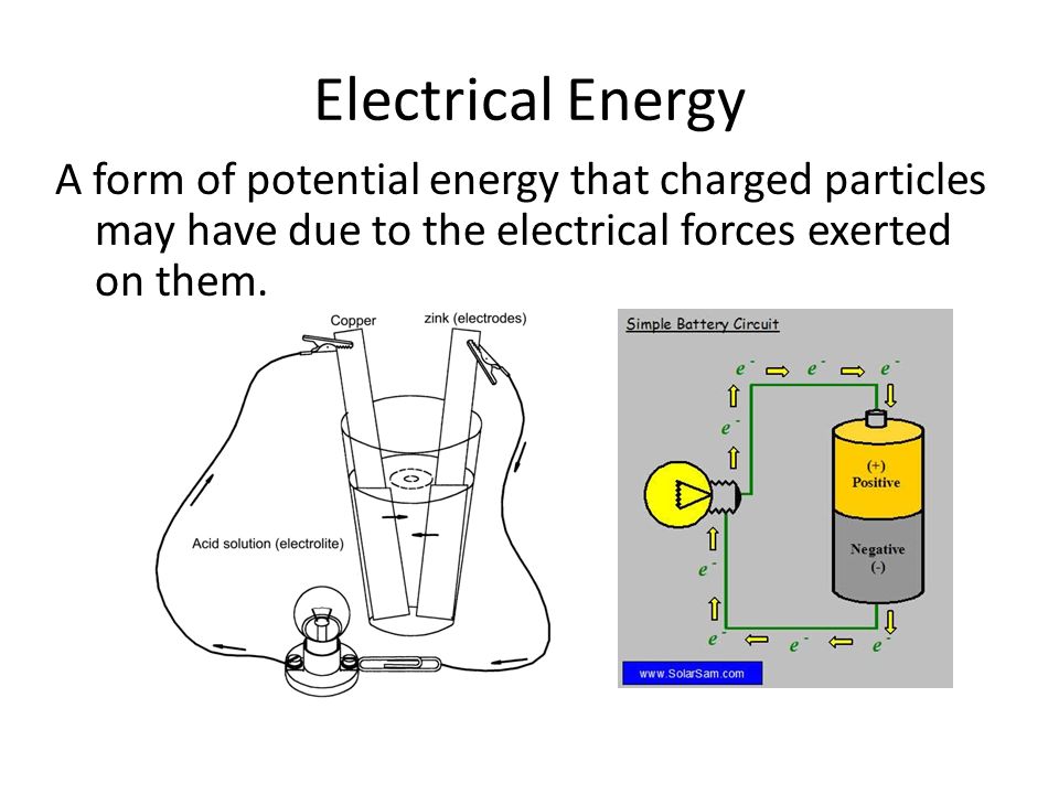 Electrical Energy A form of potential energy that charged particles may have due to the electrical forces exerted on them.