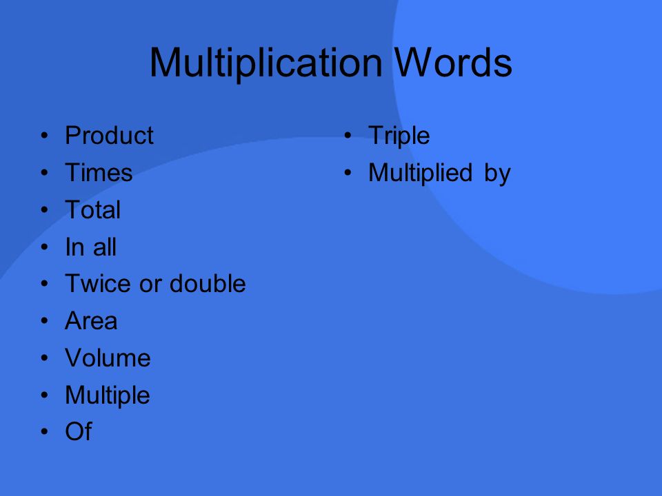 Multiplication Words Product Times Total In all Twice or double Area Volume Multiple Of Triple Multiplied by