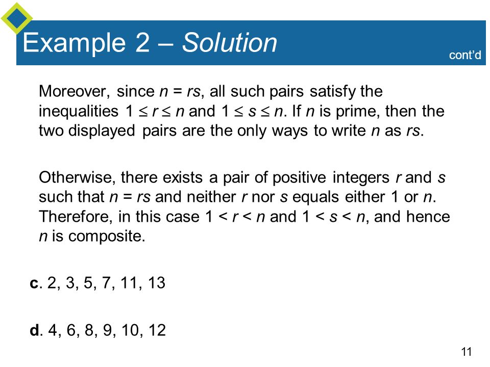 11 Example 2 – Solution Moreover, since n = rs, all such pairs satisfy the inequalities 1  r  n and 1  s  n.