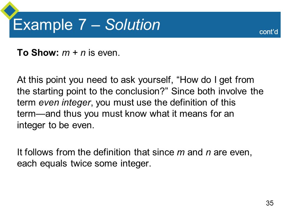 35 Example 7 – Solution To Show: m + n is even.