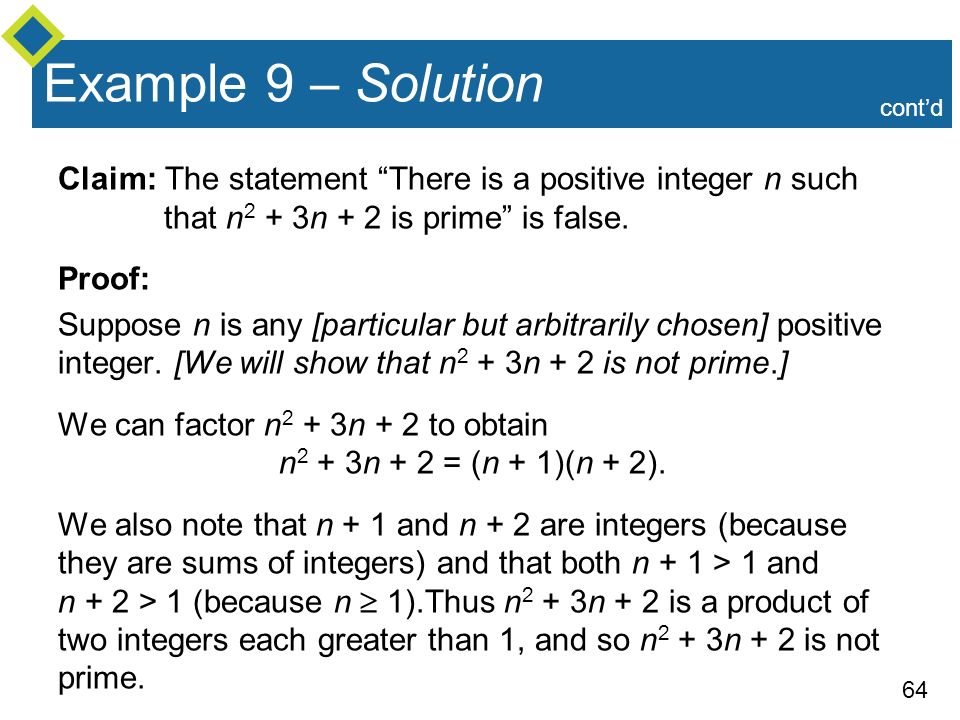 64 Example 9 – Solution Claim: The statement There is a positive integer n such that n 2 + 3n + 2 is prime is false.