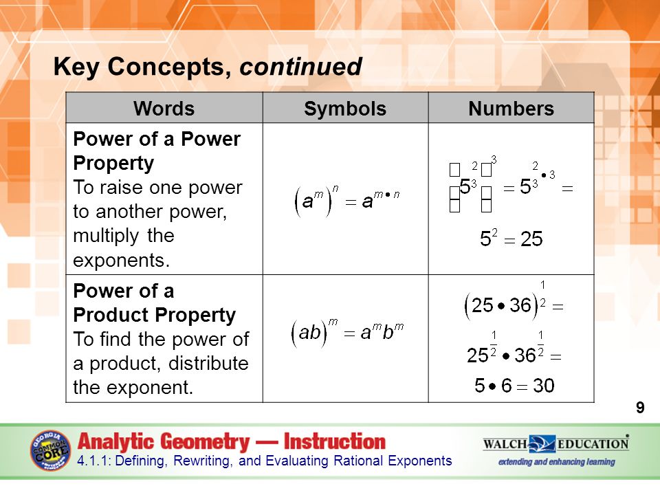Key Concepts, continued : Defining, Rewriting, and Evaluating Rational Exponents WordsSymbolsNumbers Power of a Power Property To raise one power to another power, multiply the exponents.