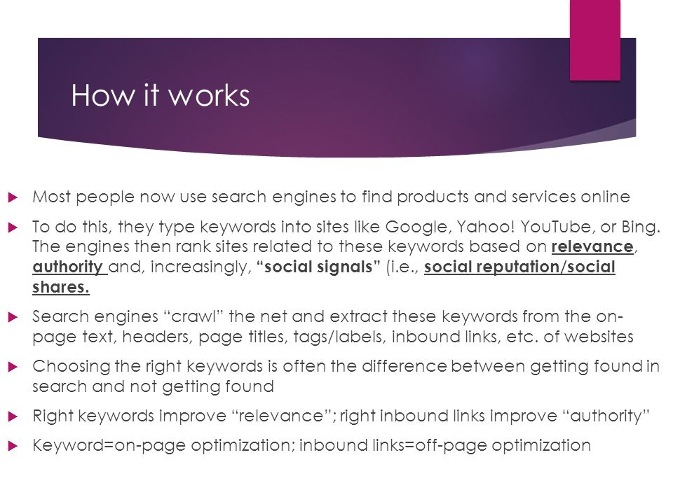 How it works  Most people now use search engines to find products and services online  To do this, they type keywords into sites like Google, Yahoo.