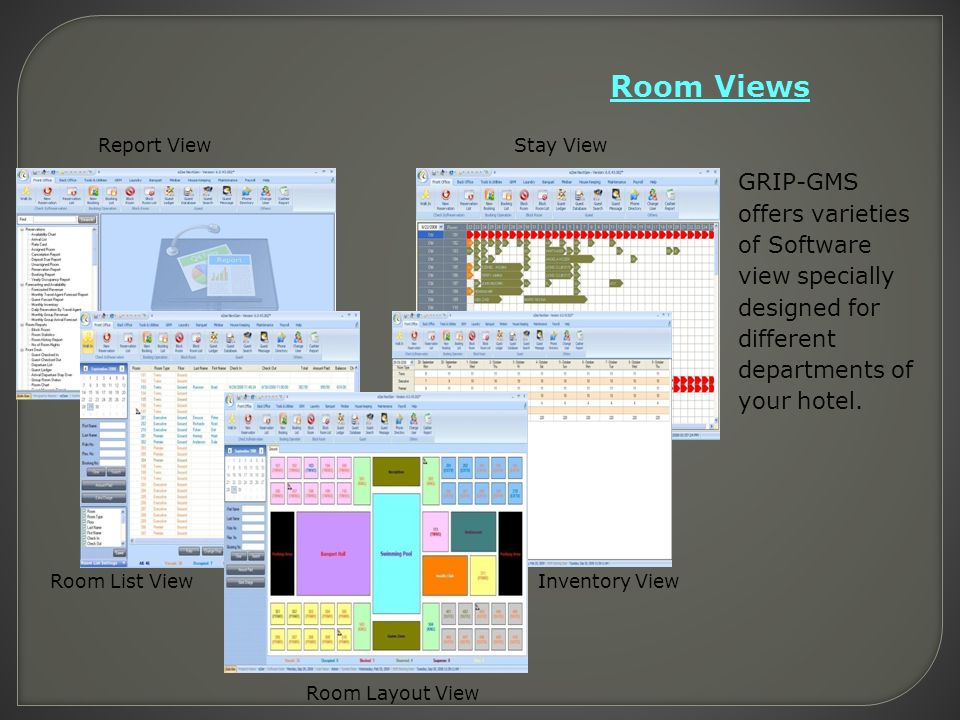 Room Views GRIP-GMS offers varieties of Software view specially designed for different departments of your hotel.