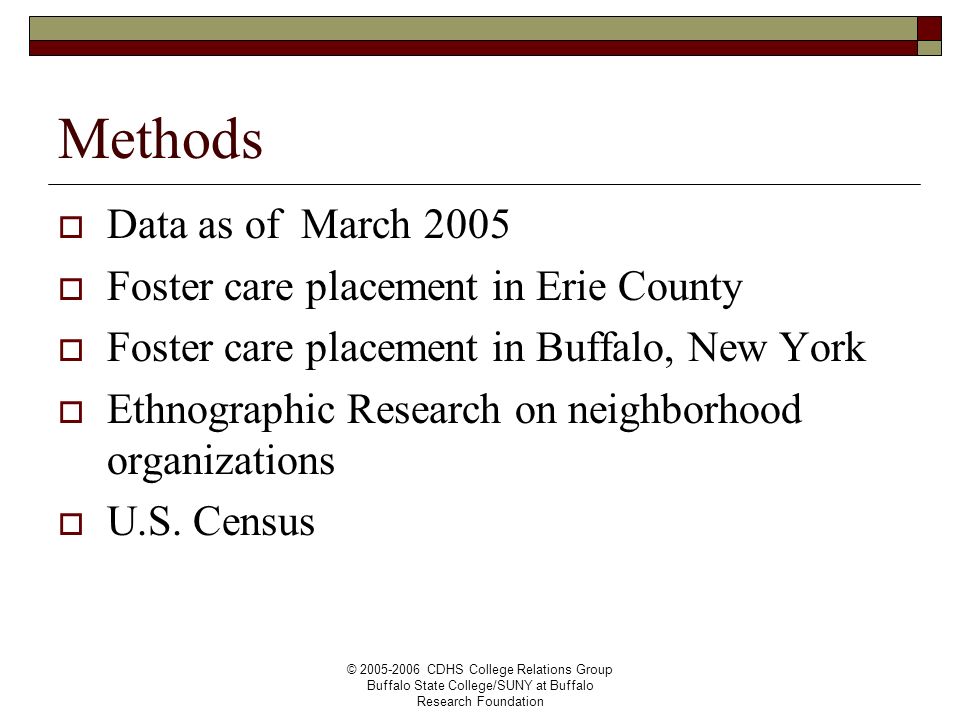 © CDHS College Relations Group Buffalo State College/SUNY at Buffalo Research Foundation Methods  Data as of March 2005  Foster care placement in Erie County  Foster care placement in Buffalo, New York  Ethnographic Research on neighborhood organizations  U.S.