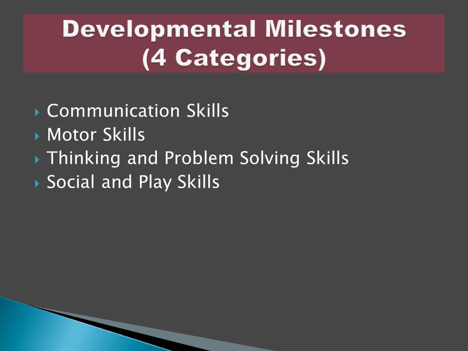  Communication Skills  Motor Skills  Thinking and Problem Solving Skills  Social and Play Skills