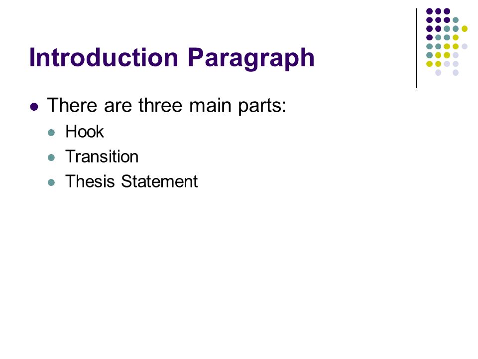 Introduction Paragraph There are three main parts: Hook Transition Thesis Statement
