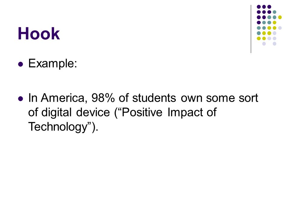 Hook Example: In America, 98% of students own some sort of digital device ( Positive Impact of Technology ).