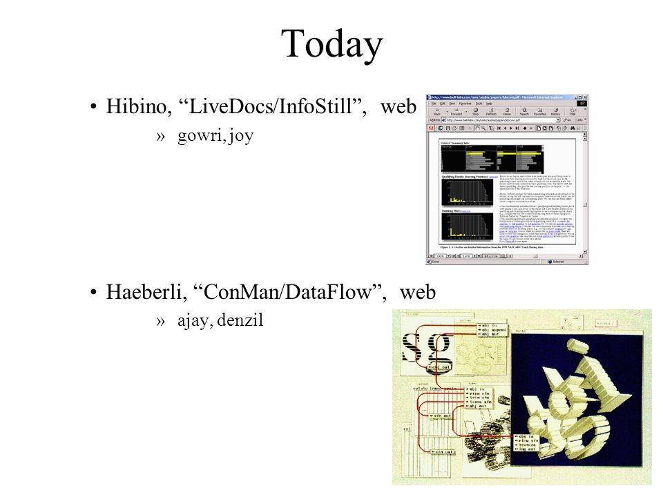 Today Hibino, LiveDocs/InfoStill , web » gowri, joy Haeberli, ConMan/DataFlow , web » ajay, denzil