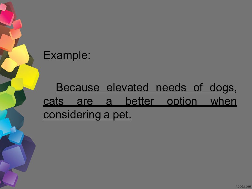 Example: Because elevated needs of dogs, cats are a better option when considering a pet.