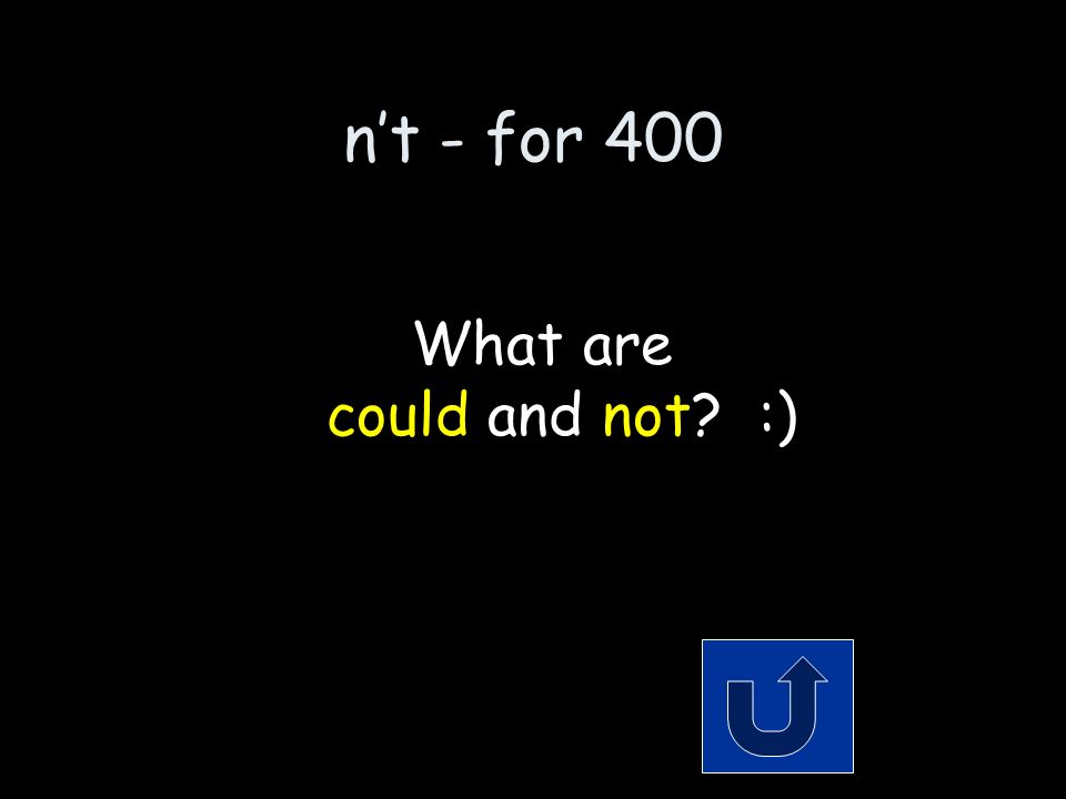 n’t - for 400 The 2 words that make up the contraction: couldn’t Remember to phrase your answer in the form of a question!