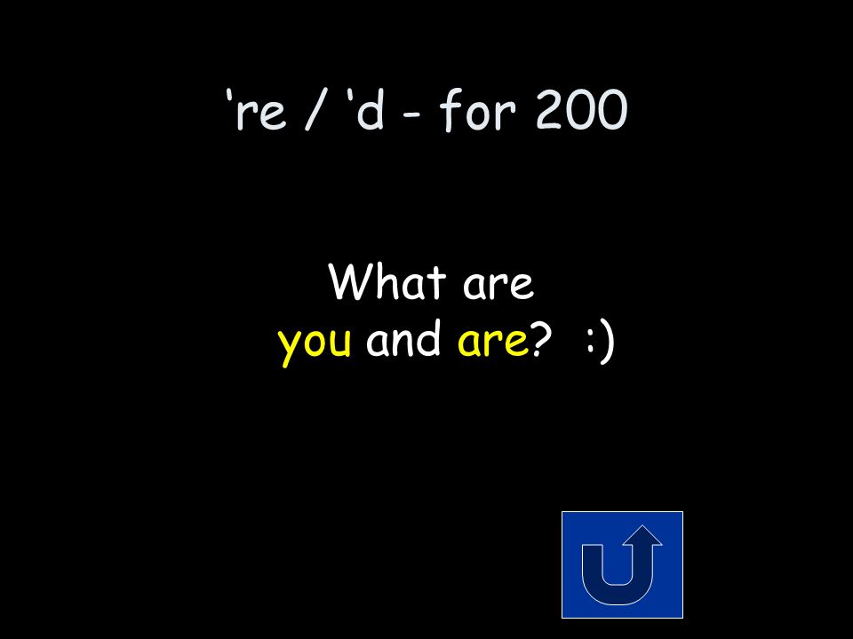 ‘re / ‘d - for 200 The 2 words that make up the contraction: you’re Remember to phrase your answer in the form of a question!
