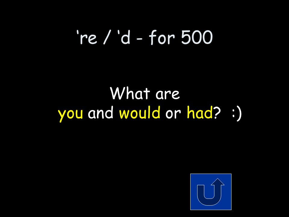 ‘re / ‘d - for 500 The 2 words that make up the contraction: you’d Remember to phrase your answer in the form of a question!