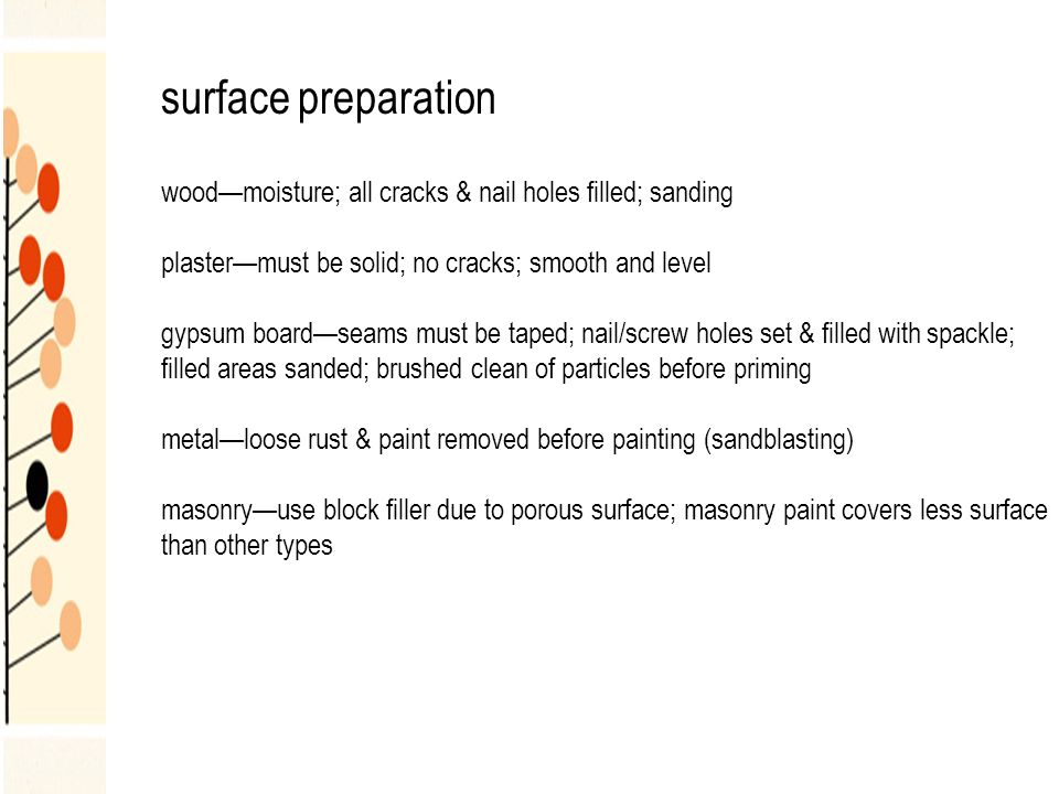 surface preparation wood—moisture; all cracks & nail holes filled; sanding plaster—must be solid; no cracks; smooth and level gypsum board—seams must be taped; nail/screw holes set & filled with spackle; filled areas sanded; brushed clean of particles before priming metal—loose rust & paint removed before painting (sandblasting) masonry—use block filler due to porous surface; masonry paint covers less surface than other types
