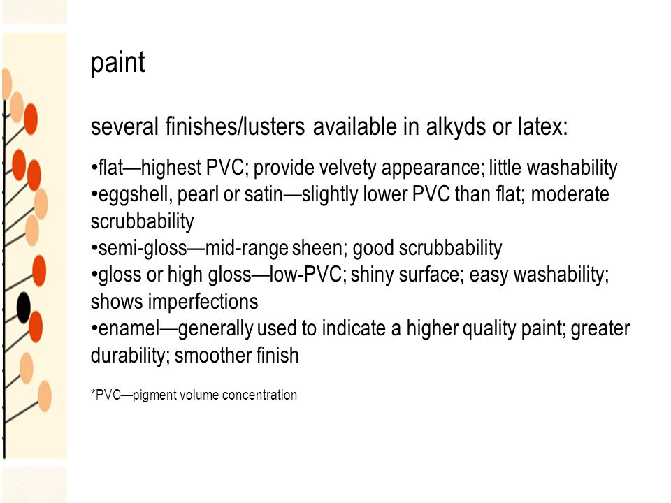 paint several finishes/lusters available in alkyds or latex: flat—highest PVC; provide velvety appearance; little washability eggshell, pearl or satin—slightly lower PVC than flat; moderate scrubbability semi-gloss—mid-range sheen; good scrubbability gloss or high gloss—low-PVC; shiny surface; easy washability; shows imperfections enamel—generally used to indicate a higher quality paint; greater durability; smoother finish *PVC—pigment volume concentration