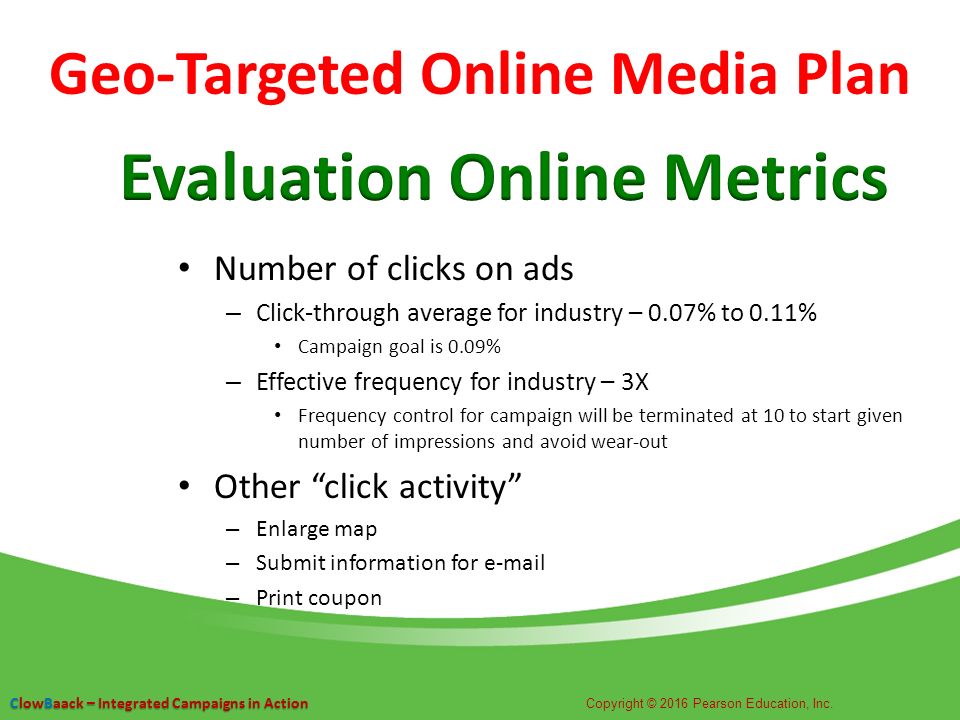 Number of clicks on ads – Click-through average for industry – 0.07% to 0.11% Campaign goal is 0.09% – Effective frequency for industry – 3X Frequency control for campaign will be terminated at 10 to start given number of impressions and avoid wear-out Other click activity – Enlarge map – Submit information for  – Print coupon