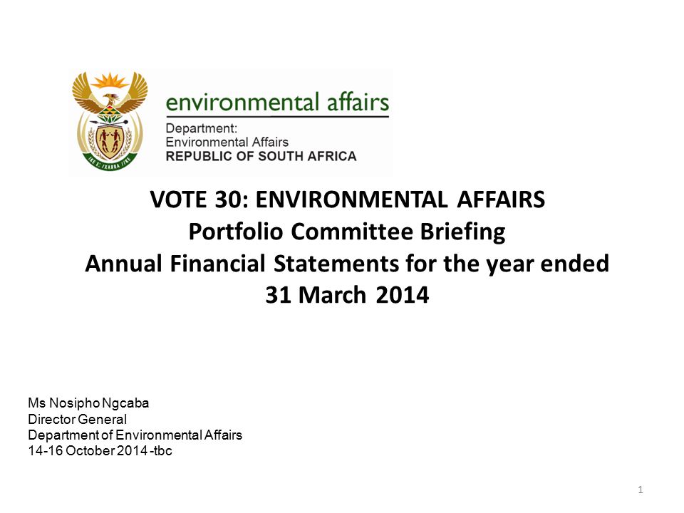 VOTE 30: ENVIRONMENTAL AFFAIRS Portfolio Committee Briefing Annual Financial Statements for the year ended 31 March Ms Nosipho Ngcaba Director General Department of Environmental Affairs October tbc