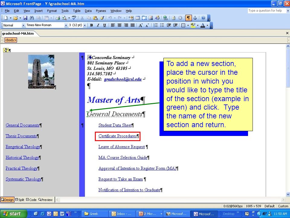 To add a new section, place the cursor in the position in which you would like to type the title of the section (example in green) and click.
