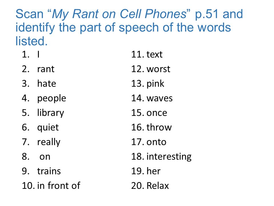 Scan My Rant on Cell Phones p.51 and identify the part of speech of the words listed.