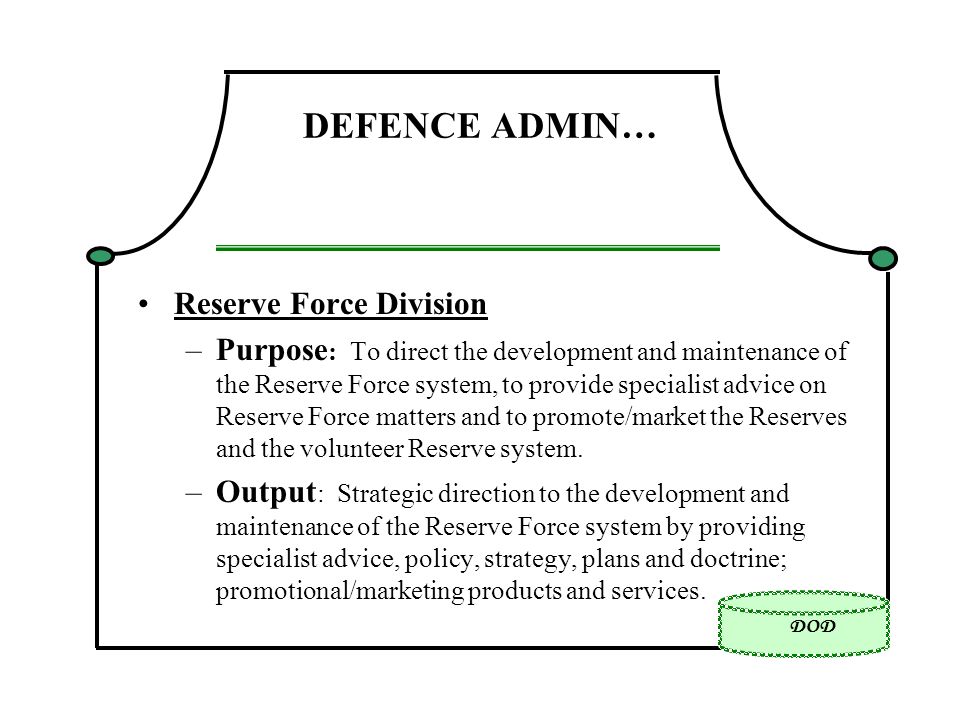 DOD DEFENCE ADMIN… Reserve Force Division –Purpose : To direct the development and maintenance of the Reserve Force system, to provide specialist advice on Reserve Force matters and to promote/market the Reserves and the volunteer Reserve system.