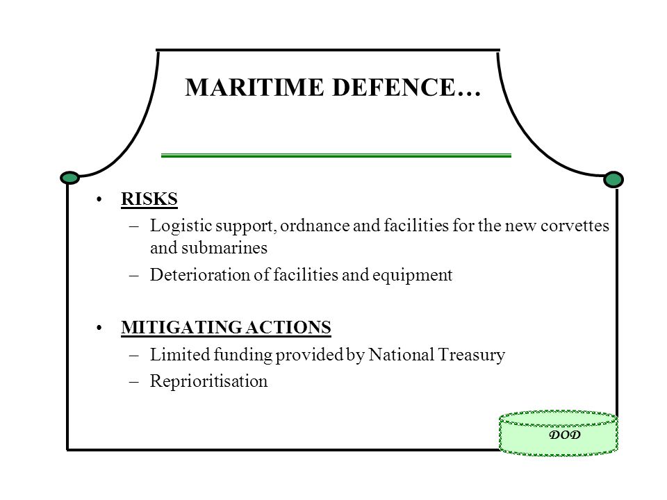DOD MARITIME DEFENCE… RISKS –Logistic support, ordnance and facilities for the new corvettes and submarines –Deterioration of facilities and equipment MITIGATING ACTIONS –Limited funding provided by National Treasury –Reprioritisation