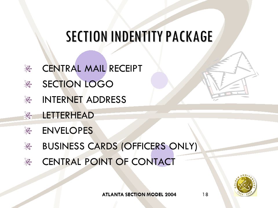ATLANTA SECTION MODEL SECTION INDENTITY PACKAGE CENTRAL MAIL RECEIPT SECTION LOGO INTERNET ADDRESS LETTERHEAD ENVELOPES BUSINESS CARDS (OFFICERS ONLY) CENTRAL POINT OF CONTACT