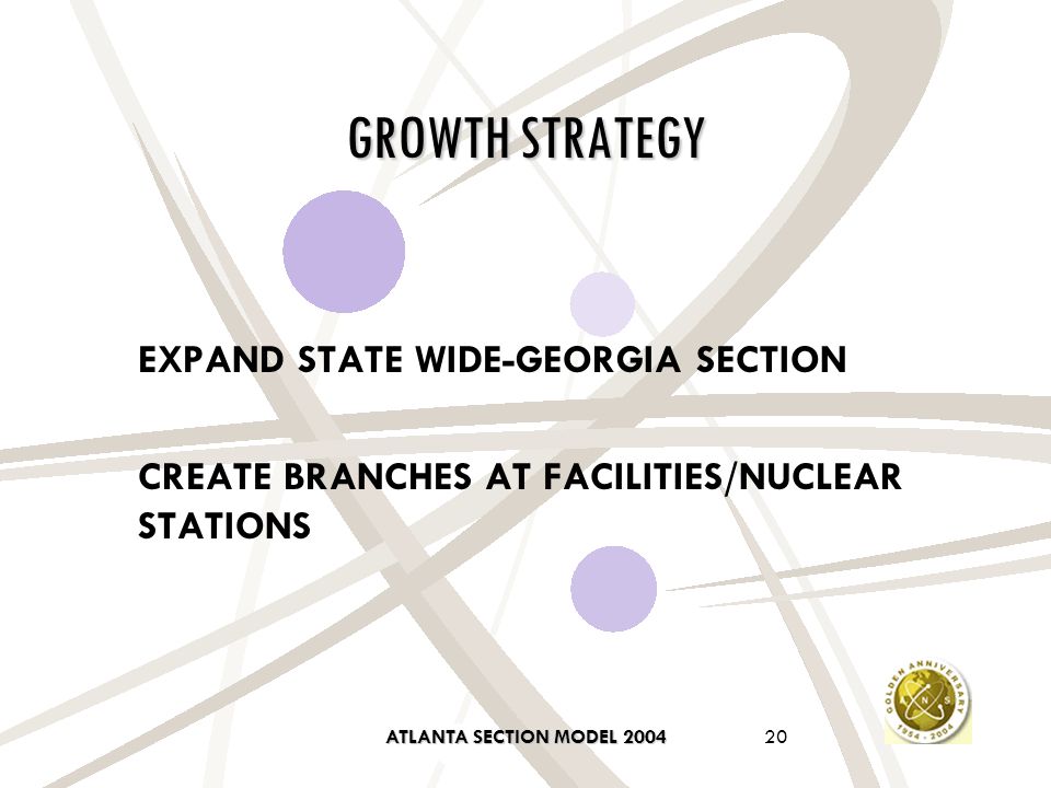 ATLANTA SECTION MODEL GROWTH STRATEGY EXPAND STATE WIDE-GEORGIA SECTION CREATE BRANCHES AT FACILITIES/NUCLEAR STATIONS