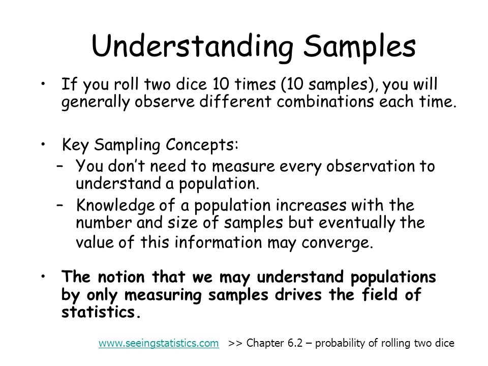 Understanding Samples If you roll two dice 10 times (10 samples), you will generally observe different combinations each time.
