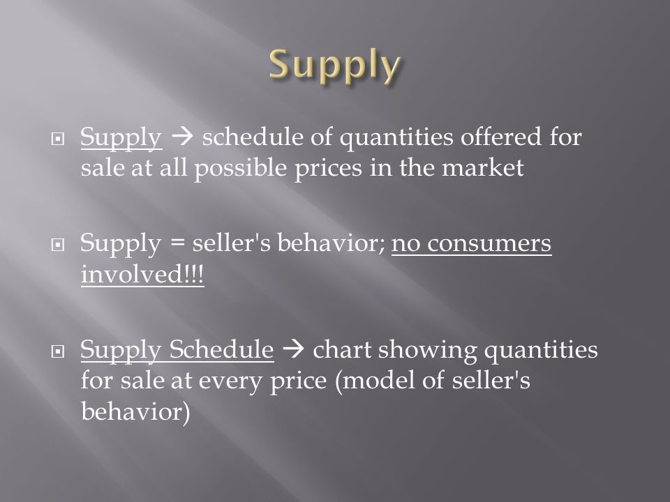  Supply  schedule of quantities offered for sale at all possible prices in the market  Supply = seller s behavior; no consumers involved!!.