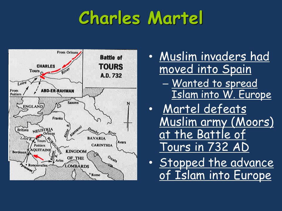 Charles Martel Muslim invaders had moved into Spain – Wanted to spread Islam into W.