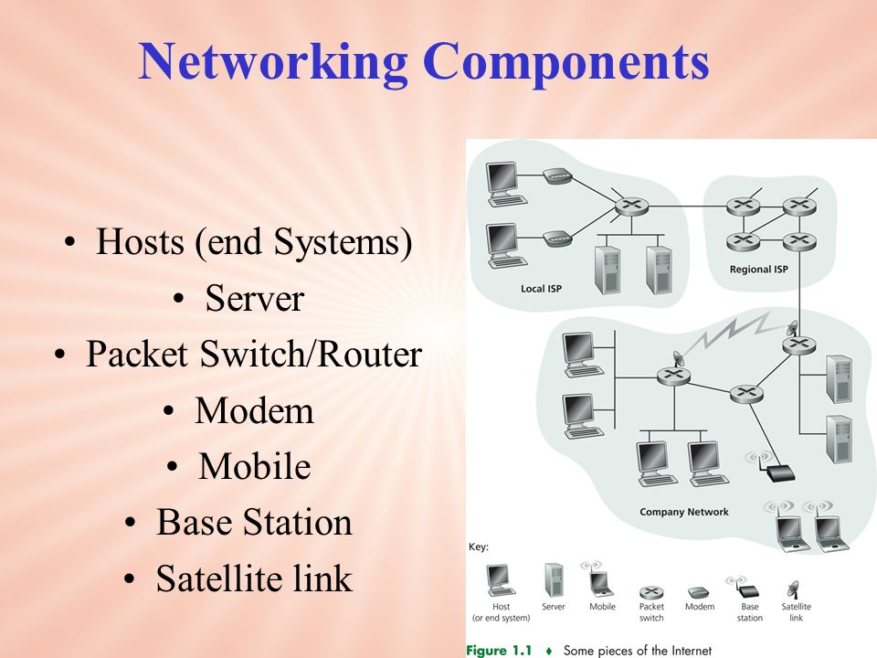 Hosts (end Systems) Server Packet Switch/Router Modem Mobile Base Station Satellite link Networking Components