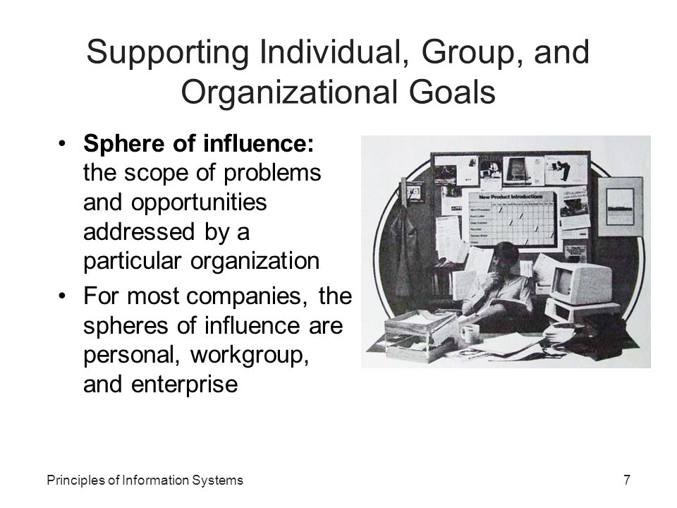 Principles of Information Systems7 Supporting Individual, Group, and Organizational Goals Sphere of influence: the scope of problems and opportunities addressed by a particular organization For most companies, the spheres of influence are personal, workgroup, and enterprise
