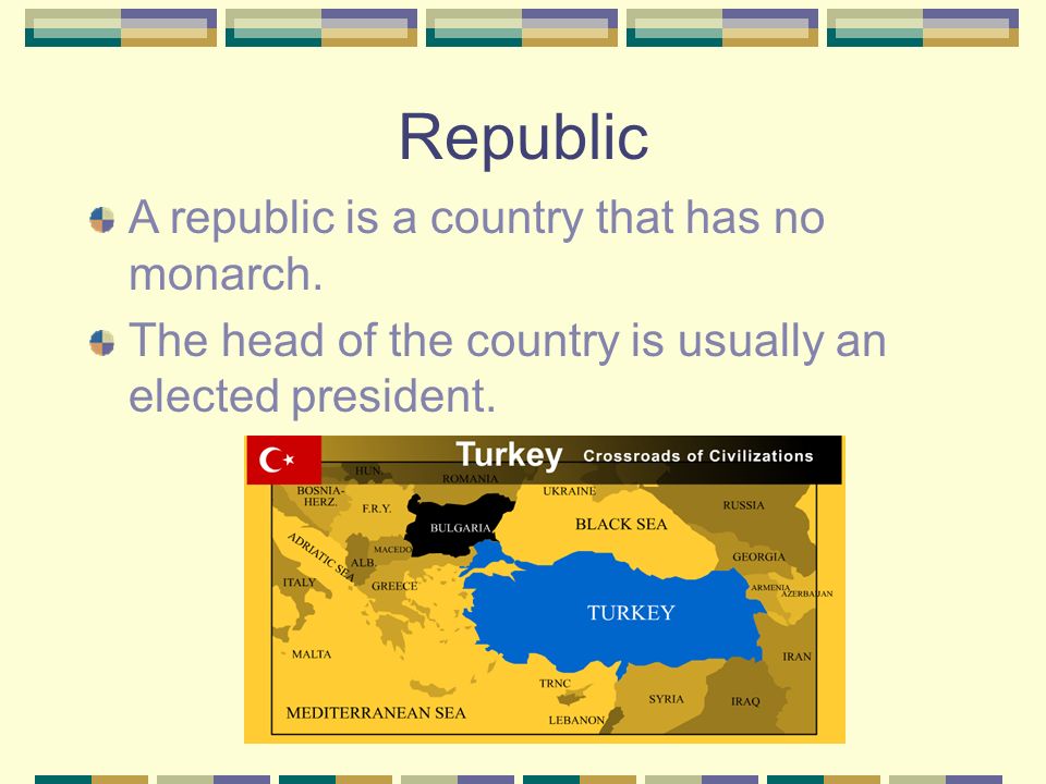 Republic A republic is a country that has no monarch.