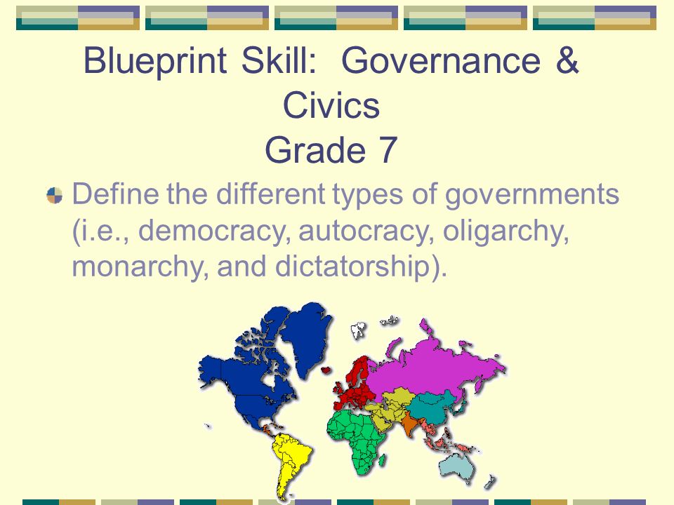 Blueprint Skill: Governance & Civics Grade 7 Define the different types of governments (i.e., democracy, autocracy, oligarchy, monarchy, and dictatorship).