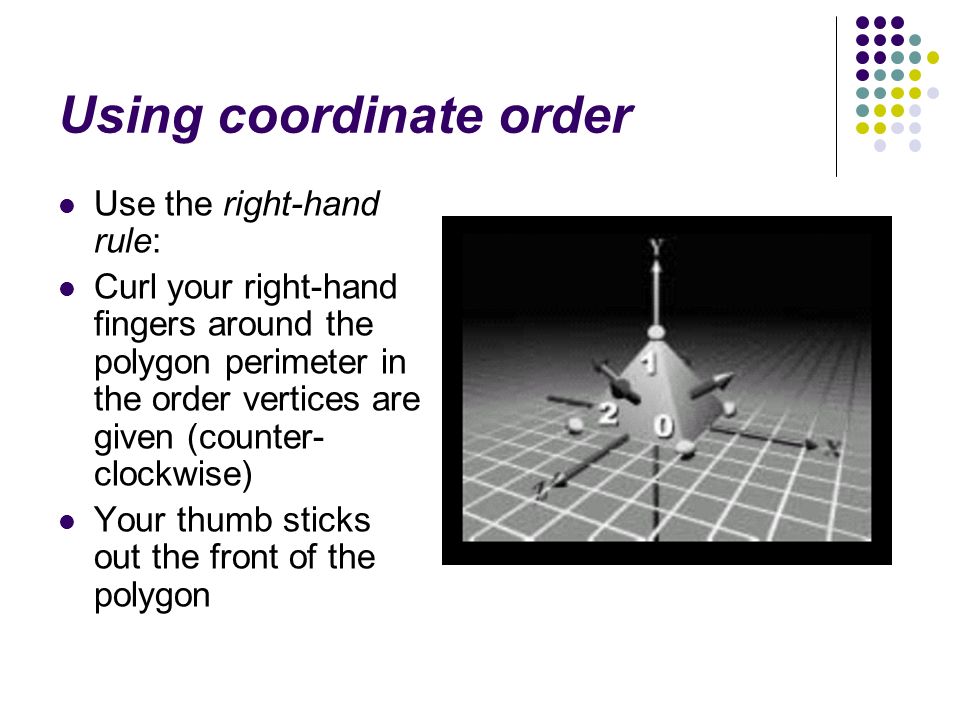 Using coordinate order Use the right-hand rule: Curl your right-hand fingers around the polygon perimeter in the order vertices are given (counter- clockwise) Your thumb sticks out the front of the polygon