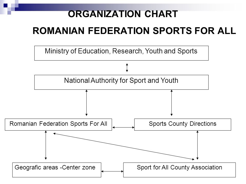 ORGANIZATION CHART ROMANIAN FEDERATION SPORTS FOR ALL Ministry of Education, Research, Youth and Sports Romanian Federation Sports For AllSports County Directions Geografic areas -Center zoneSport for All County Association National Authority for Sport and Youth