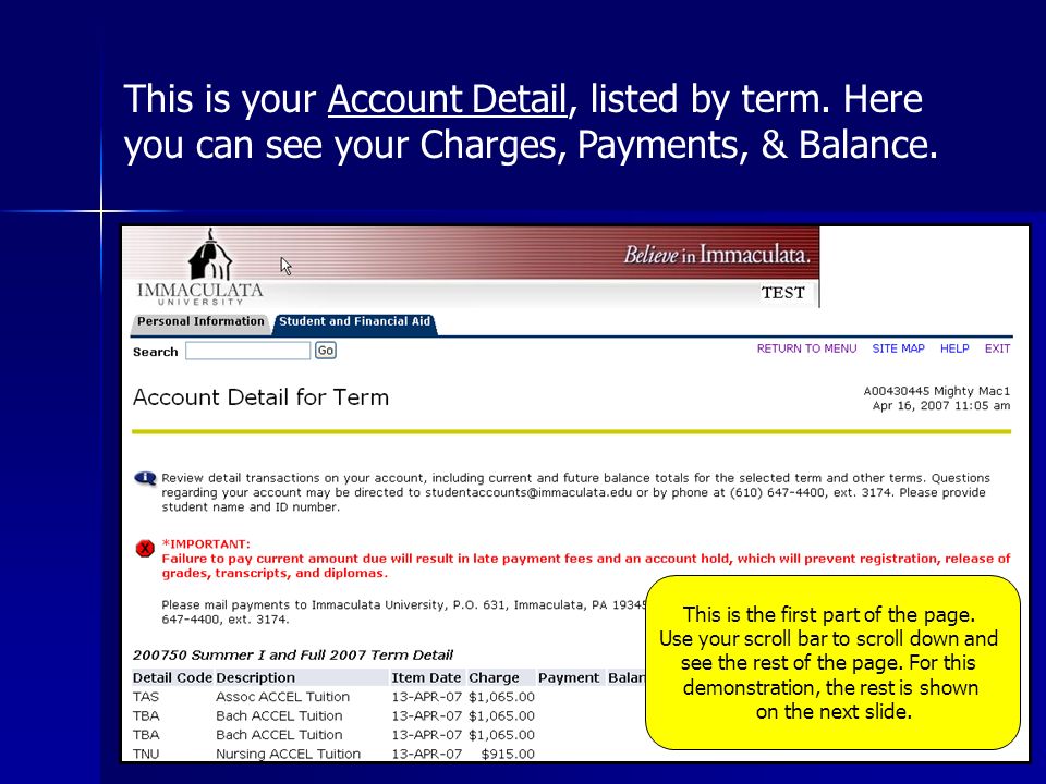 This is your Account Detail, listed by term. Here you can see your Charges, Payments, & Balance.