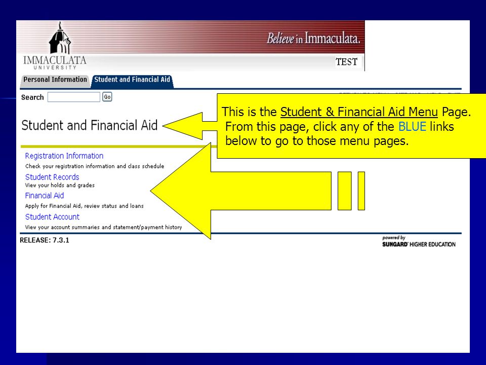This is the Student & Financial Aid Menu Page.
