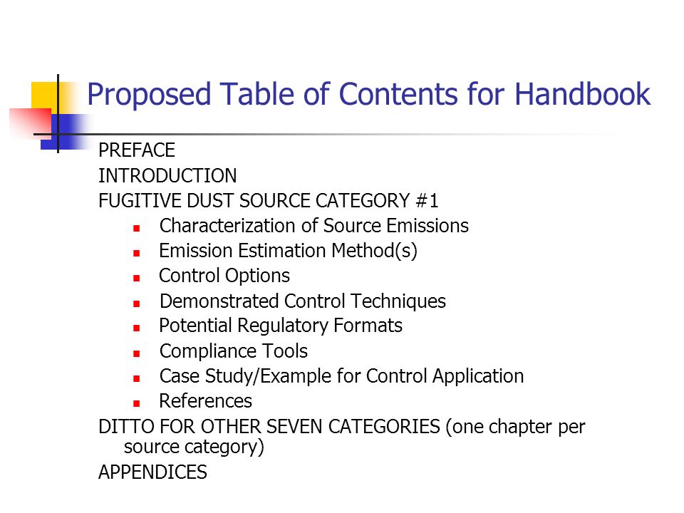 Proposed Table of Contents for Handbook PREFACE INTRODUCTION FUGITIVE DUST SOURCE CATEGORY #1 Characterization of Source Emissions Emission Estimation Method(s) Control Options Demonstrated Control Techniques Potential Regulatory Formats Compliance Tools Case Study/Example for Control Application References DITTO FOR OTHER SEVEN CATEGORIES (one chapter per source category) APPENDICES