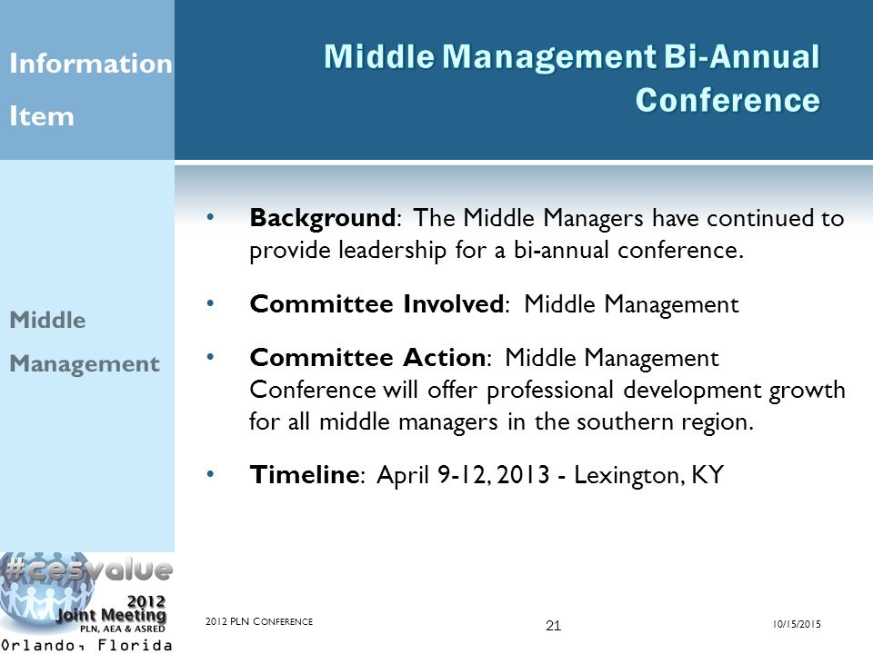 Background: The Middle Managers have continued to provide leadership for a bi-annual conference.